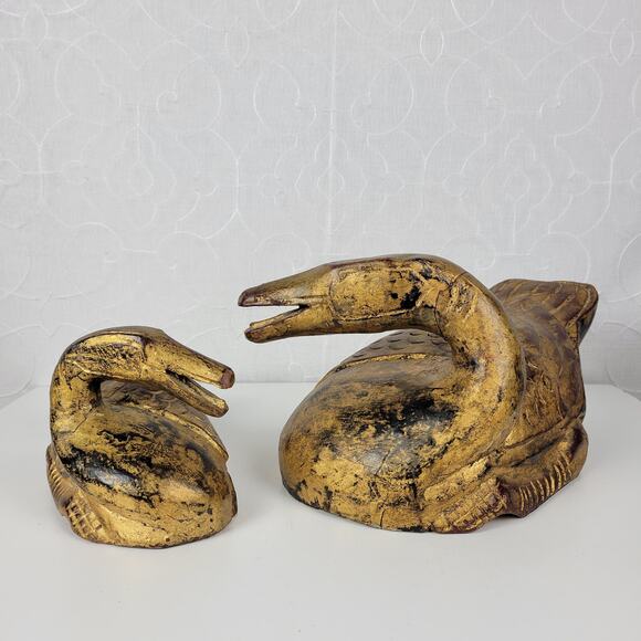 Vintage Carved Italian Wood Ducks Gold Brown 12" 8" Statues‎ 1960s Gilded Large - Picture 4 of 16